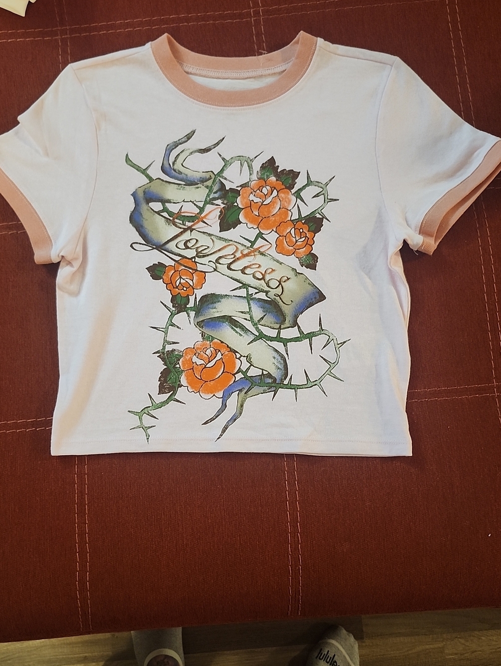 Urban Outfitters Pink Ringer Tee with Peach Trim and Orange Rose Graphic